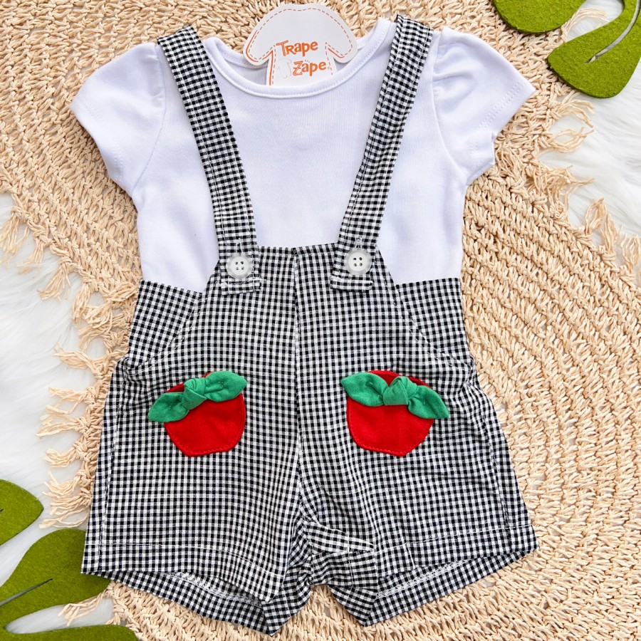 Conj. Blusa Manga Curta e Jardineira Xadrez Maçãs - Branco e Preto